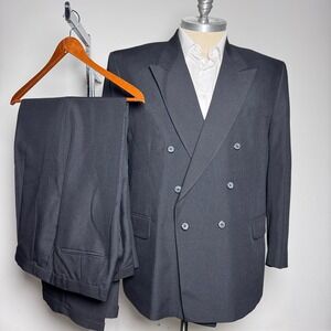 Stafford Suit Mens 48R W40 Black Solid Double Breasted Pleated Wool Blend